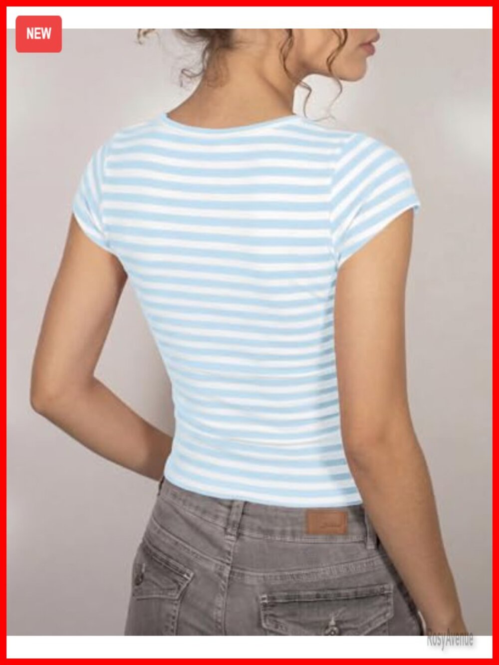 Color Block Striped Crop Top Short Cap Sleeve Scoop Neck Fitted Cropped Tshirt - Picture 3 of 3
